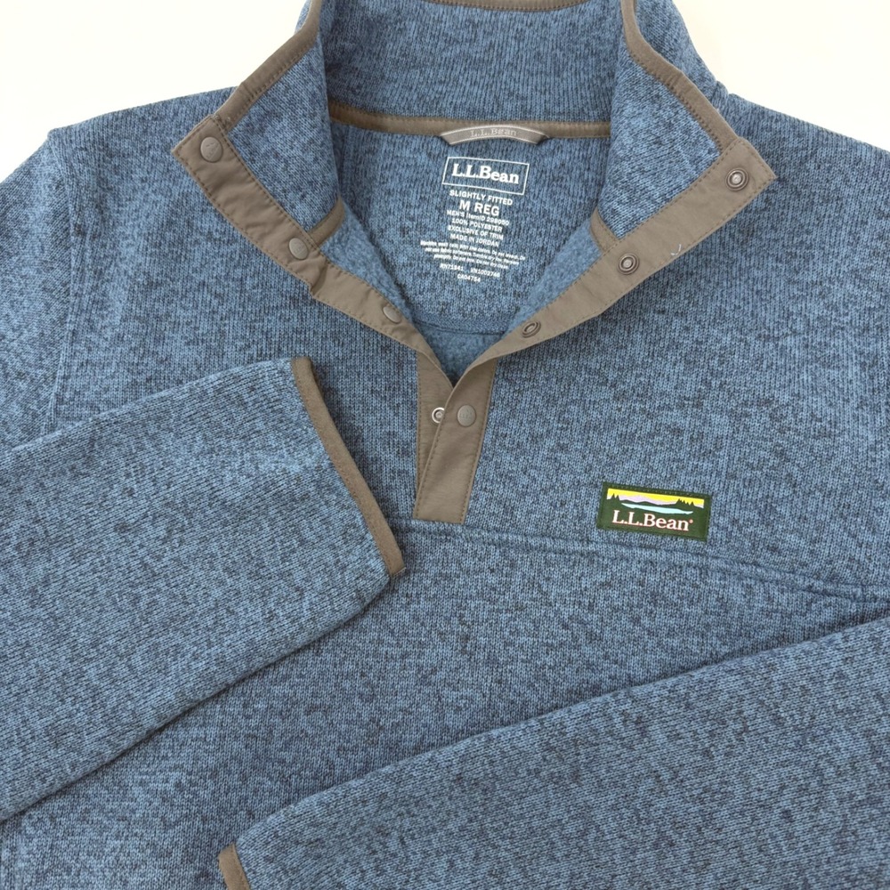 LL Bean Mens Medium Sweater Fleece Pullover Blue Marl‎ Snap Neck